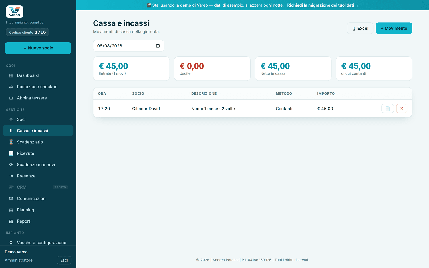 Cassa e incassi della giornata in Vareo con movimenti e metodi di pagamento